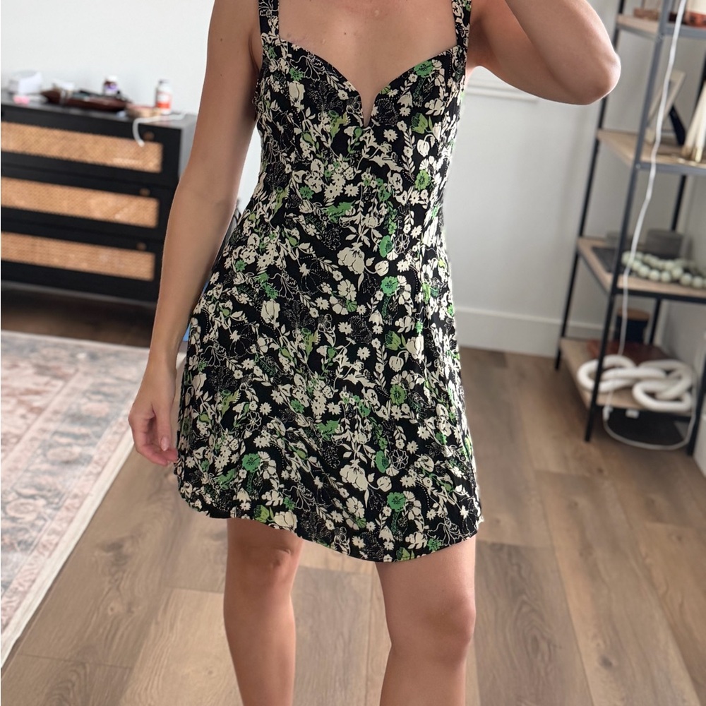 FreePeople Floral Black and Green Dress with Cut Out in Back